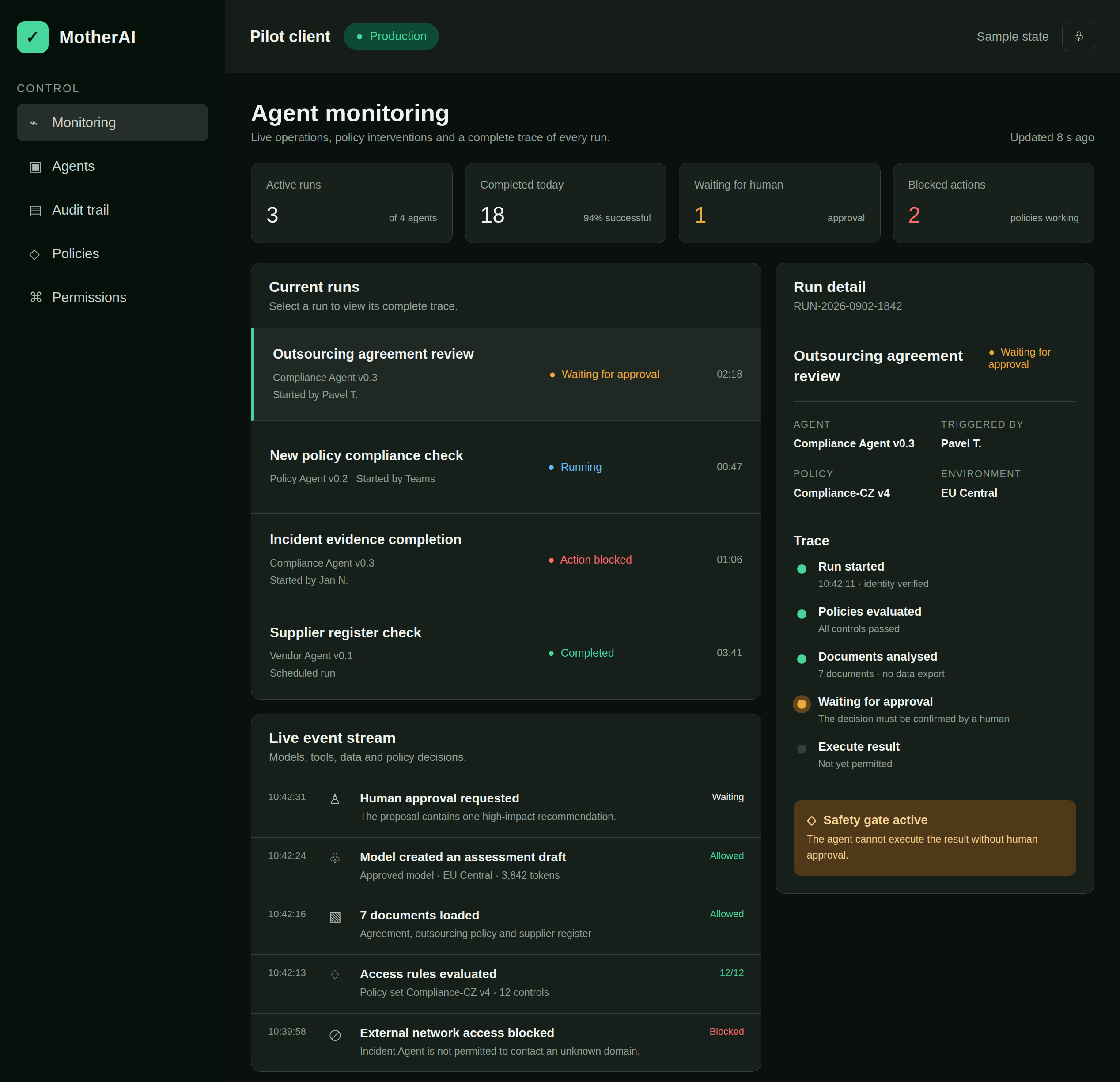 Illustrative MotherAI interface: agent monitoring, approvals and activity records